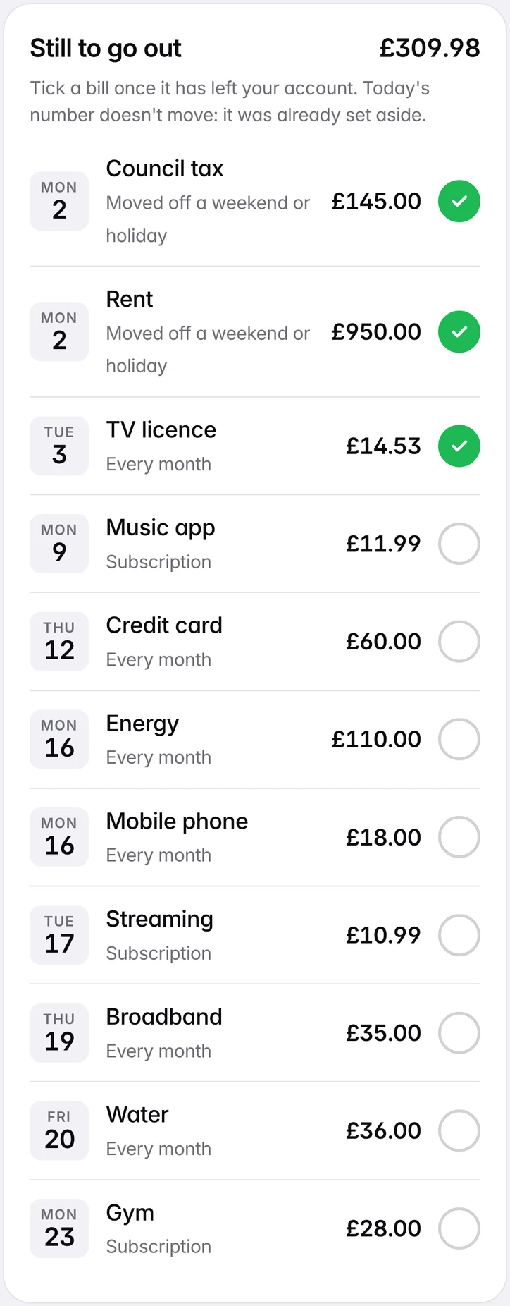 Still to go out: each bill left before payday, with its date and amount