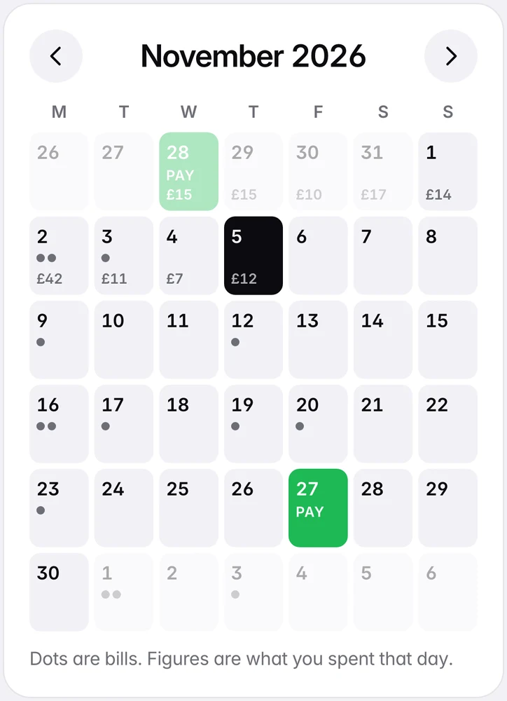 Month calendar with paydays, bill dots and daily spending