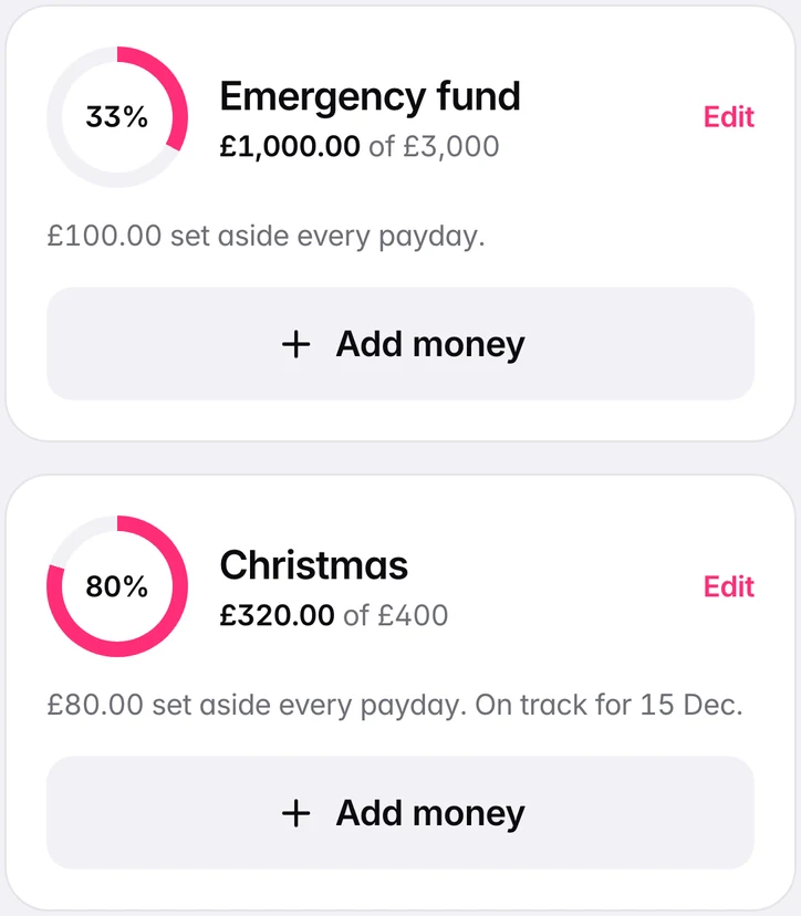 Two savings pots with progress rings and targets