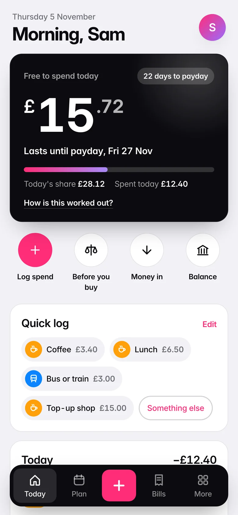 Paydayly on a phone: £15.72 free to spend today, 22 days to payday
